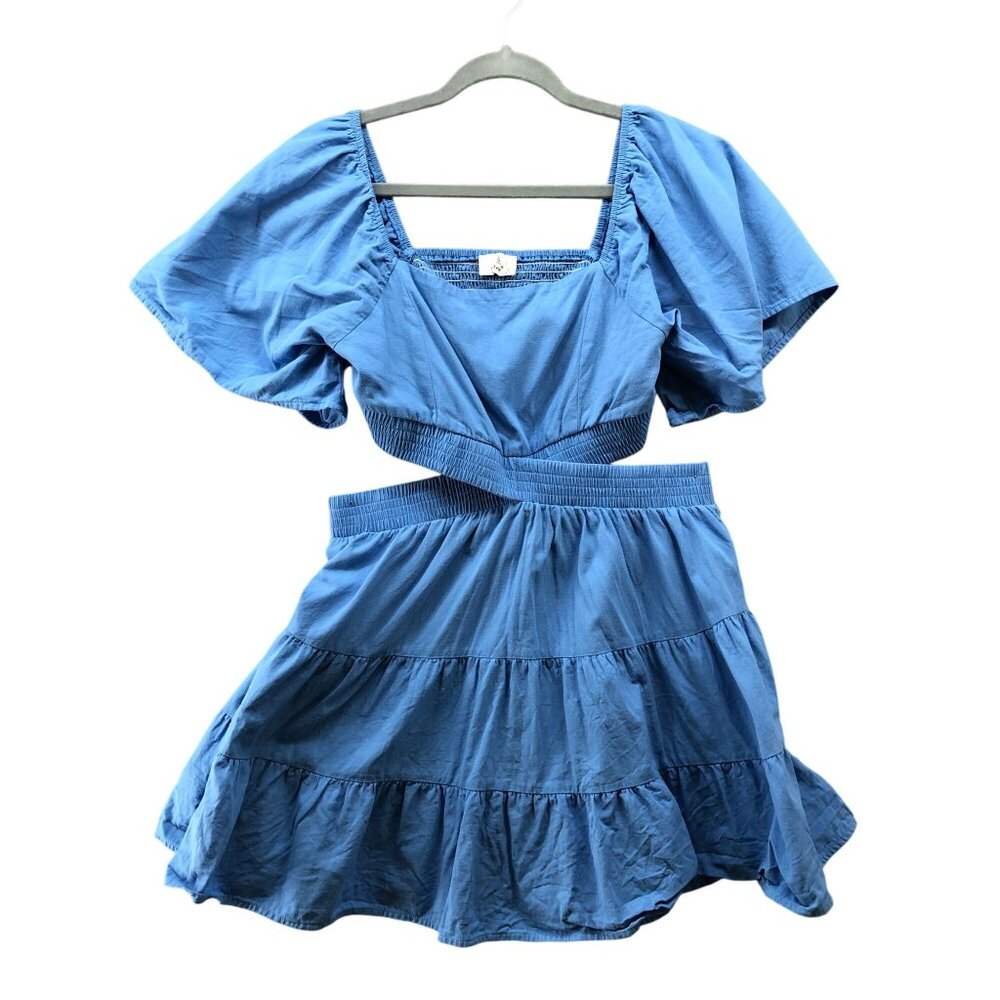 Shy Velvet Cut Out Tiered Mini Dress Womens L Blue Square Neck Short Sleeve‎